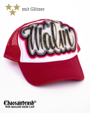 Cap rot mit Gold Glitzer personalisiert